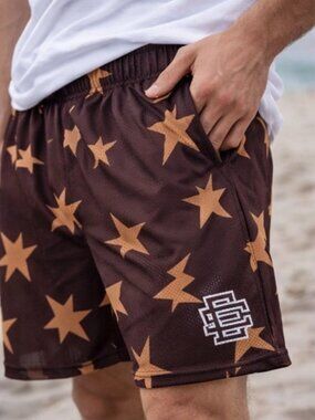 Eric Emanuel EE Shorts XL Brown Star Lightning Mesh Basketball Shorts
